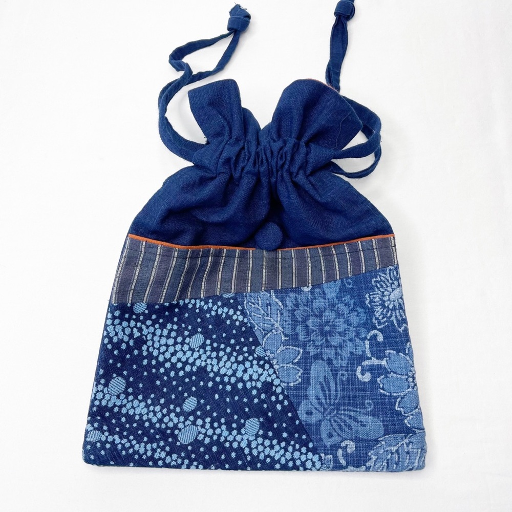 Handmade Denim Patchwork Drawstring Pouch Bag Blue NWOT
